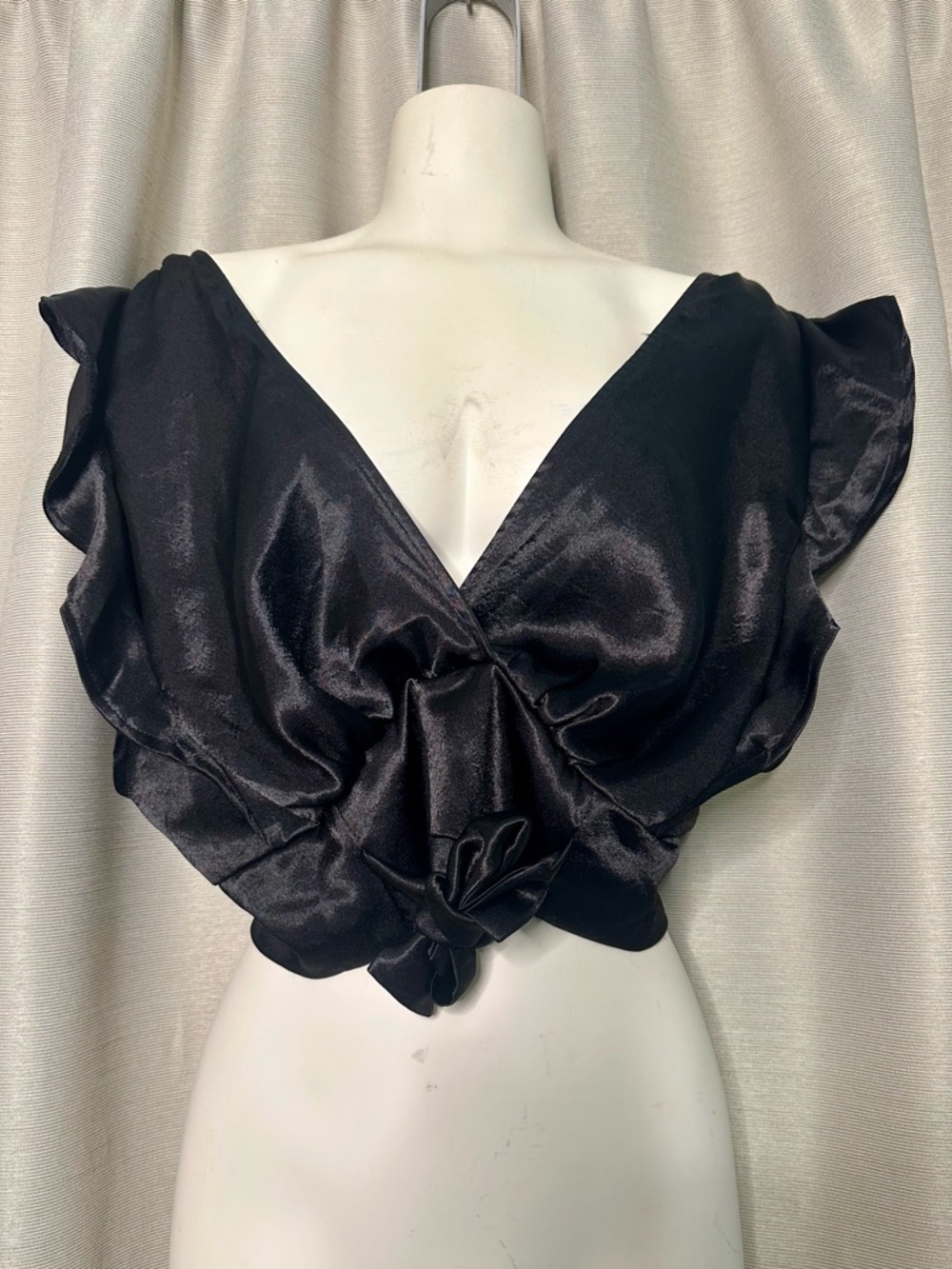 Free People Black Satin V-Neck Tie-Front Crop Top